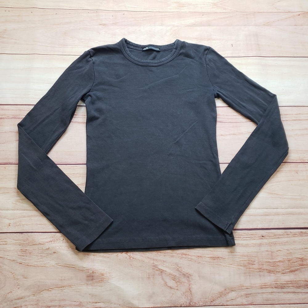 ZARA Shirt Womens S Gray Top Long Sleeve Crew Neck Slim Stretch Knit Basic